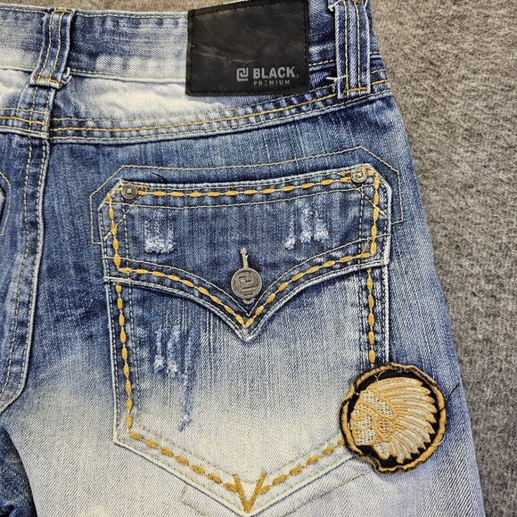 Black Premium Jeans Distressed Boot Indian Chief & Liberty Patches Mens 30x32 - Picture 9 of 15